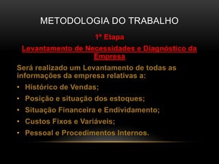 METODOLOGIA DO TRABALHO
1ª Etapa
Levantamento de Necessidades e Diagnóstico da
Empresa
Será realizado um Levantamento de todas as
informações da empresa relativas a:
• Histórico de Vendas;
• Posição e situação dos estoques;
• Situação Financeira e Endividamento;
• Custos Fixos e Variáveis;
• Pessoal e Procedimentos Internos.
 