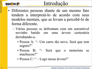 Eduardo Castro

                                      Introdução
                 • Diferentes pessoas diante de um mesmo fato
                   tendem a interpretá-lo de acordo com seus
                   modelos mentais, que as levam a percebê-lo de
                   forma diferente.
                   – Várias pessoas se defrontam com um automóvel
                     novinho batido em uma árvore centenária
                     derrubando-a.
                      • Pessoa A: “- Um carro tão novo. Será que tem
                        seguro?”
                      • Pessoa B: “- Será que o motorista se
                        machucou?”
                      • Pessoa C: “ – Logo nessa árvore!”

      11                                   Gestão de Equipes como Fator de Sucesso Empresarial
 