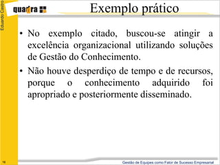 Eduardo Castro

                                  Exemplo prático
                 • No exemplo citado, buscou-se atingir a
                   excelência organizacional utilizando soluções
                   de Gestão do Conhecimento.
                 • Não houve desperdiço de tempo e de recursos,
                   porque o conhecimento adquirido foi
                   apropriado e posteriormente disseminado.




      16                                  Gestão de Equipes como Fator de Sucesso Empresarial
 