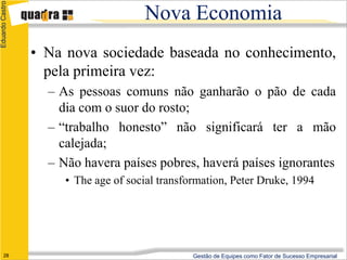 Eduardo Castro

                                      Nova Economia
                 • Na nova sociedade baseada no conhecimento,
                   pela primeira vez:
                   – As pessoas comuns não ganharão o pão de cada
                     dia com o suor do rosto;
                   – “trabalho honesto” não significará ter a mão
                     calejada;
                   – Não havera países pobres, haverá países ignorantes
                      • The age of social transformation, Peter Druke, 1994




      28                                         Gestão de Equipes como Fator de Sucesso Empresarial
 