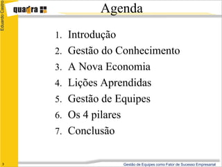 Eduardo Castro

                           Agenda
                 1. Introdução
                 2. Gestão do Conhecimento
                 3. A Nova Economia
                 4. Lições Aprendidas
                 5. Gestão de Equipes
                 6. Os 4 pilares
                 7. Conclusão


      3                            Gestão de Equipes como Fator de Sucesso Empresarial
 