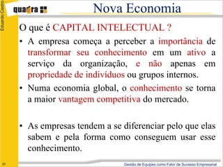 Eduardo Castro

                                    Nova Economia
                 O que é CAPITAL INTELECTUAL ?
                 • A empresa começa a perceber a importância de
                   transformar seu conhecimento em um ativo a
                   serviço da organização, e não apenas em
                   propriedade de indivíduos ou grupos internos.
                 • Numa economia global, o conhecimento se torna
                   a maior vantagem competitiva do mercado.

                 • As empresas tendem a se diferenciar pelo que elas
                   sabem e pela forma como conseguem usar esse
                   conhecimento.
      31                                    Gestão de Equipes como Fator de Sucesso Empresarial
 