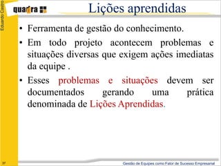 Eduardo Castro

                                 Lições aprendidas
                 • Ferramenta de gestão do conhecimento.
                 • Em todo projeto acontecem problemas e
                   situações diversas que exigem ações imediatas
                   da equipe .
                 • Esses problemas e situações devem ser
                   documentados       gerando    uma     prática
                   denominada de Lições Aprendidas.




      37                                  Gestão de Equipes como Fator de Sucesso Empresarial
 