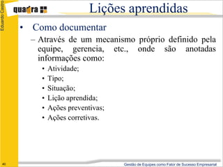 Eduardo Castro

                                      Lições aprendidas
                 • Como documentar
                   – Através de um mecanismo próprio definido pela
                     equipe, gerencia, etc., onde são anotadas
                     informações como:
                     •   Atividade;
                     •   Tipo;
                     •   Situação;
                     •   Lição aprendida;
                     •   Ações preventivas;
                     •   Ações corretivas.




      40                                      Gestão de Equipes como Fator de Sucesso Empresarial
 