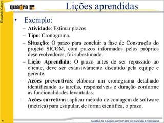 Eduardo Castro

                                     Lições aprendidas
                 • Exemplo:
                   – Atividade: Estimar prazos.
                   – Tipo: Cronograma.
                   – Situação: O prazo para concluir a fase de Construção do
                     projeto SICOM, com prazos informados pelos próprios
                     desenvolvedores, foi subestimado.
                   – Lição Aprendida: O prazo antes de ser repassado ao
                     cliente, deve ser exaustivamente discutido pela equipe e
                     gerente.
                   – Ações preventivas: elaborar um cronograma detalhado
                     identificando as tarefas, responsáveis e duração conforme
                     as funcionalidades levantadas.
                   – Ações corretivas: aplicar método de contagem de software
                     (métrica) para estipular, de forma cientifica, o prazo.

      41                                        Gestão de Equipes como Fator de Sucesso Empresarial
 