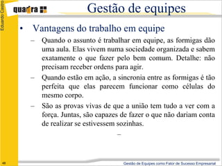 Eduardo Castro

                                     Gestão de equipes
                 • Vantagens do trabalho em equipe
                   – Quando o assunto é trabalhar em equipe, as formigas dão
                     uma aula. Elas vivem numa sociedade organizada e sabem
                     exatamente o que fazer pelo bem comum. Detalhe: não
                     precisam receber ordens para agir.
                   – Quando estão em ação, a sincronia entre as formigas é tão
                     perfeita que elas parecem funcionar como células do
                     mesmo corpo.
                   – São as provas vivas de que a união tem tudo a ver com a
                     força. Juntas, são capazes de fazer o que não dariam conta
                     de realizar se estivessem sozinhas.
                                               –


      48                                         Gestão de Equipes como Fator de Sucesso Empresarial
 