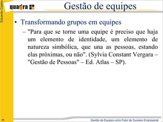 Eduardo Castro

                                  Gestão de equipes
                 • Transformando grupos em equipes
                   – "Para que se torne uma equipe é preciso que haja
                     um elemento de identidade, um elemento de
                     natureza simbólica, que una as pessoas, estando
                     elas próximas, ou não". (Sylvia Constant Vergara –
                     "Gestão de Pessoas" – Ed. Atlas – SP).




      49                                     Gestão de Equipes como Fator de Sucesso Empresarial
 