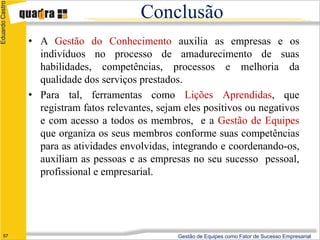 Eduardo Castro

                                           Conclusão
                 • A Gestão do Conhecimento auxilia as empresas e os
                   indivíduos no processo de amadurecimento de suas
                   habilidades, competências, processos e melhoria da
                   qualidade dos serviços prestados.
                 • Para tal, ferramentas como Lições Aprendidas, que
                   registram fatos relevantes, sejam eles positivos ou negativos
                   e com acesso a todos os membros, e a Gestão de Equipes
                   que organiza os seus membros conforme suas competências
                   para as atividades envolvidas, integrando e coordenando-os,
                   auxiliam as pessoas e as empresas no seu sucesso pessoal,
                   profissional e empresarial.




      57                                           Gestão de Equipes como Fator de Sucesso Empresarial
 