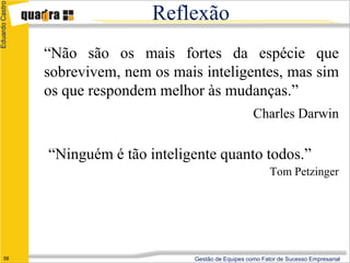 Eduardo Castro

                                 Reflexão
                 “Não são os mais fortes da espécie que
                 sobrevivem, nem os mais inteligentes, mas sim
                 os que respondem melhor às mudanças.”
                                                            Charles Darwin


                 “Ninguém é tão inteligente quanto todos.”
                                                                  Tom Petzinger




      58                                Gestão de Equipes como Fator de Sucesso Empresarial
 