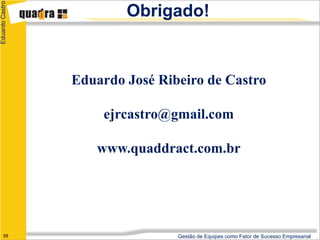 Eduardo Castro
                         Obrigado!


                 Eduardo José Ribeiro de Castro

                     ejrcastro@gmail.com

                    www.quaddract.com.br




      59                         Gestão de Equipes como Fator de Sucesso Empresarial
 