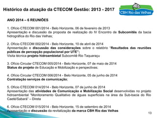 13
Histórico da atuação da CTECOM Gestão: 2013 - 2017
ANO 2014 – 6 REUNIÕES
 
1. Ofício CTECOM 001/2014 - Belo Horizonte, 06 de fevereiro de 2013
Apresentação  e  discussão  da  proposta  de  realização  do  IV  Encontro  de  Subcomitês da bacia 
hidrográfica do Rio das Velhas;
 
2. Ofício CTECOM 002/2014 - Belo Horizonte, 10 de abril de 2014
Apresentação  e  discussão das considerações sobre  o  relatório  “Resultados das reuniões
públicas de percepção populacional por UTE”;
Visita técnica projeto hidroambietal Subcomitê Rio Taquaraçu
 
3. Ofício Circular CTECOM 005/2014 - Belo Horizonte, 07 de maio de 2014
Status do projeto de Educação e Mobilização e perspectivas;
 
4. Ofício Circular CTECOM 006/2014 - Belo Horizonte, 05 de junho de 2014
Contratação serviços de comunicação;
 
5. Ofício CTECOM 014/2014 - Belo Horizonte, 07 de junho de 2014
Apresentação das atividades de Comunicação e Mobilização Social desenvolvidas no projeto 
hidroambiental  "Monitoramento  Qualitativo  de  águas  superficiais  na  área  da  Sub-bacia  do  Rio 
Caeté/Sabará” – Direta
 
6. Ofício CTECOM 015/2014 - Belo Horizonte, 15 de setembro de 2014 
Apresentação e discussão da revitalização da marca CBH Rio das Velhas
 
