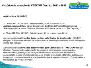 18
Histórico da atuação da CTECOM Gestão: 2013 - 2017
ANO 2015 – 4 REUNIÕES
 
 
3. Ofício CTECOM 03/2015 - Belo Horizonte, 29 de outubro de 2015
Avaliação das cartilhas, para o Concurso de Cartilhas do Projeto Hidroambiental 
“Recomposição de Matas Ciliares e Manutenção Florestal na bacia do Rio Taquaraçu”
 
4. Ofício CTECOM 04/2015 - Belo Horizonte, 27 de novembro de 2015
Apresentação das atividades desenvolvidas pela Equipe de Mobilização - FUNDEP - 
(Projeto: Prestação de serviços de Educação e de Mobilização Social na Bacia Hidrográfica 
do Rio das Velhas);
Apresentação das atividades desenvolvidas pela Comunicação - TANTOEXPRESSO
(Projeto: Planejamento e elaboração de programa continuado de comunicação e 
relacionamento, prestação de serviços de consultoria e assessoria de imprensa, 
comunicação técnica em recursos hídricos e criação e produção editorial de publicações 
impressas, comunicação on-line e ações de divulgação presenciais para o Comitê da Bacia 
Hidrográfica do Rio das Velhas);
 