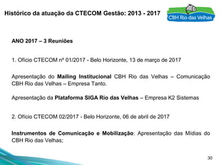 30
Histórico da atuação da CTECOM Gestão: 2013 - 2017
ANO 2017 – 3 Reuniões
1. Ofício CTECOM nº 01/2017 - Belo Horizonte, 13 de março de 2017
Apresentação do Mailing Institucional CBH Rio das Velhas – Comunicação
CBH Rio das Velhas – Empresa Tanto.
Apresentação da Plataforma SIGA Rio das Velhas – Empresa K2 Sistemas
2. Ofício CTECOM 02/2017 - Belo Horizonte, 06 de abril de 2017
Instrumentos de Comunicação e Mobilização: Apresentação das Mídias do
CBH Rio das Velhas;
 