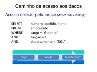 Caminho de acesso aos dados
Acesso directo pelo índice (direct index lookup)

   SELECT        número, apelido, nome
   FROM          empregado
   WHERE         cargo = “Gerente”
   AND           função = 1
   AND           departamento = “D01” ;



         cargo           função      departamento
 