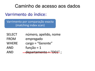 Caminho de acesso aos dados
Varrimento do índice:
Varrimento por comparação exacta
      (matching index scan)

SELECT      número, apelido, nome
FROM        empregado
WHERE       cargo = “Gerente”
AND         função = 1
AND         departamento = “D01” ;
 