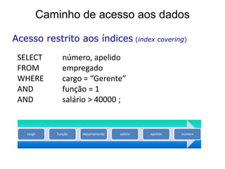 Caminho de acesso aos dados

Acesso restrito aos índices (index covering)

 SELECT      número, apelido
 FROM        empregado
 WHERE       cargo = “Gerente”
 AND         função = 1
 AND         salário > 40000 ;


   cargo   função   departamento   salário   apelido   número
 
