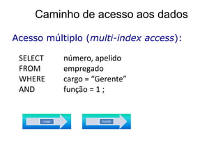 Caminho de acesso aos dados

Acesso múltiplo (multi-index access):

 SELECT       número, apelido
 FROM         empregado
 WHERE        cargo = “Gerente”
 AND          função = 1 ;


      cargo             função
 