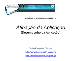 Administração de Bases de Dados



Afinação da Aplicação
  (Desempenho da Aplicação)



       Carlos Pampulim Caldeira
    http://www.di.uevora.pt/~ccaldeira
    http://makingdatawork.blogspot.pt
 