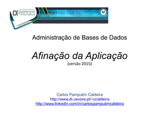 Afinação da Aplicação
(versão 2015)
Administração de Bases de Dados
Carlos Pampulim Caldeira
http://www.di.uevora.pt/~ccaldeira
http://www.linkedin.com/in/carlospampulimcaldeira
 