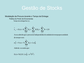 Gestão de Stocks 
Modelação da Procura durante o Tempo de Entrega: 
Politica do Ponto de Encomenda: 
Tempo de entrega fixo (L): 
)DL N(LD;f(x) :que assim se-AdmiteL)DV(V(x) : vem tempodeunidade para tempode unidade de teindependen é procura a queadmitir se AoLDD)E(D)DE(E(x)x222D 2D L1ii2L L1iL1iiL1iiL            