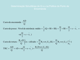 Determinação Simultânea de Q e s na Politica de Ponto de Encomenda 
QK)(GDvB)x-s2Qvr(vDQADTRC)(GvBQDK)(GvBQDs)f(x)dx-(xQvDB :rotura de Custo)x2Q( vr x2QSS2QSS)SSQ( 21médio existência de Nivel :posse de CustoQAD :encomenda de CustouL2Lx-suL2uLs22LLLL              ss  