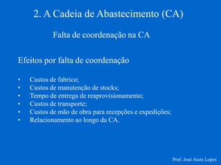 2. A Cadeia de Abastecimento (CA) 
Falta de coordenação na CA 
Efeitos por falta de coordenação 
•Custos de fabrico; 
•Custos de manutenção de stocks; 
•Tempo de entrega de reaprovisionamento; 
•Custos de transporte; 
•Custos de mão de obra para recepções e expedições; 
•Relacionamento ao longo da CA. 
Prof. José Assis Lopes  