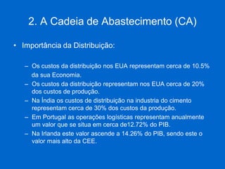 2. A Cadeia de Abastecimento (CA) 
•Importância da Distribuição: 
–Os custos da distribuição nos EUA representam cerca de 10.5% 
da sua Economia. 
–Os custos da distribuição representam nos EUA cerca de 20% dos custos de produção. 
–Na Índia os custos de distribuição na industria do cimento representam cerca de 30% dos custos da produção. 
–Em Portugal as operações logísticas representam anualmente um valor que se situa em cerca de12.72% do PIB. 
–Na Irlanda este valor ascende a 14.26% do PIB, sendo este o valor mais alto da CEE.  