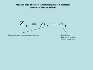 Modelos para Sucessões Aproximadamente Constantes 
Modelo de Médias Móveis 
t t Z   a t  
Valor médio que varia pouco com o tempo Ruído branco 
Não correlacionado 
E(at)=0 e V(at)=cte 
 
