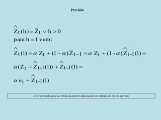 Previsão 
et Zt-1(1) 
(Zt Zt-1(1)) Zt-1(1) 
t 1 Zt (1 - )Zt-1(1) 
_ 
Zt (1) Zt (1 )Z 
para h 1 vem: 
t h 0 
_ 
Zt (h) Z 
 
 
 
 
 
 
 
 
 
      
 
 
   
 
 
 
    
A nova previsão pode ser obtida da anterior adicionando um múltiplo do erro de previsão 
 