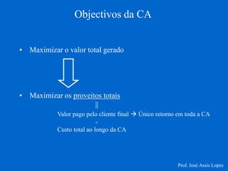 Objectivos da CA 
• Maximizar o valor total gerado 
• Maximizar os proveitos totais || Valor pago pelo cliente final  Único retorno em toda a CA - Custo total ao longo da CA 
Prof. José Assis Lopes  