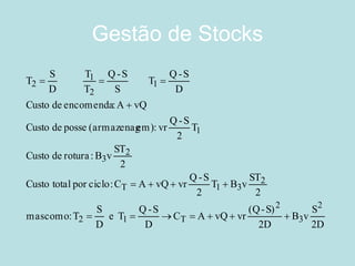 Gestão de Stocks 
2DSvB2DS)-(QvrvQAC DS-QT e DST :como mas2STvBT2S-QvrvQAC :ciclopor totalCusto2STvB:rotura de CustoT2S-Qvr:em)(armazenag posse de CustovQA :encomenda de CustoDS-QT SS-QTT DST232T12231T2311212      