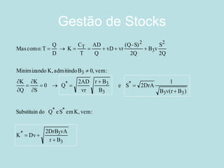 Gestão de Stocks 
3 
* 3 
* * 
3 3 
* 
3 
* 3 
3 
2 
3 
2 
T 
r B 
2DrB vA 
K Dv 
Substituin do Q e S em K, vem: 
B v(r B ) 
1 
e S 2DrA 
B 
r B 
vr 
2AD 
0 Q 
S 
K 
Q 
K 
Minimizando K, admitindo B 0, vem: 
2Q 
S 
B v 
2Q 
(Q-S) 
vD vr 
Q 
AD 
T 
C 
K 
D 
Q 
Mas como: T 
 
  
 
 
 
   
 
 
 
 
 
 
       
 