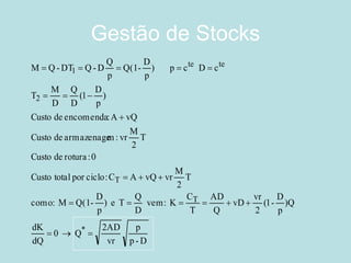 Gestão de Stocks 
p -D 
p 
vr 
2AD 
0 Q 
dQ 
dK 
)Q 
p 
D 
(1- 
2 
vr 
vD 
Q 
AD 
T 
C 
vem: K 
D 
Q 
) e T 
p 
D 
como: M Q(1- 
T 
2 
M 
Custo total por ciclo: C A vQ vr 
Custo de rotura : 0 
T 
2 
M 
Custo de armazenagem: vr 
Custo de encomenda: A vQ 
) 
p 
D 
1 ( 
D 
Q 
D 
M 
T 
) p c D c 
p 
D 
Q(1- 
p 
Q 
M Q-DT Q-D 
* 
T 
T 
2 
te te 
1 
   
      
   
 
   
     
 