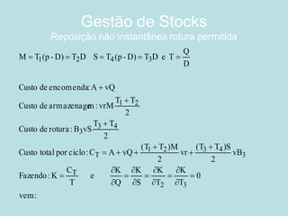 Gestão de Stocks Reposição não instantânea rotura permitida 
:vem0TKTKSKQK e TC K:FazendovB2S)T(Tvr2M)T(TvQAC:ciclopor totalCusto2TTvSB:rotura de Custo2TTvrM:marmazenage de CustovQA :encomenda de CustoDQT e DTD)-p(TS DTD)-p(TM32T34321T433213421                       