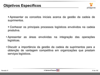 10 de 155Revisão 01  Gerisval Pessoa
Objetivos Específicos
 Apresentar os conceitos iniciais acerca da gestão da cadeia de
suprimentos.
 Conhecer os principais processos logísticos envolvidos na cadeia
produtiva.
 Apresentar as áreas envolvidas na integração das operações
logísticas.
 Discutir a importância da gestão da cadeia de suprimentos para a
obtenção de vantagem competitiva em organizações que prestam
serviços logísticos.
 