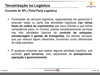 100 de 155Revisão 01  Gerisval Pessoa
Terceirização na Logística
 Fornecedor de serviços logísticos, especializado em gerenciar e
executar todas ou parte das atividades logísticas nas várias
fases da cadeia de suprimentos dos seus clientes e que tenha
competência para, no mínimo, prestar simultaneamente serviços
nas três atividades básicas de controle de estoques,
armazenagem e gestão de transportes. Os demais serviços,
que por ventura sejam oferecidos, funcionam como diferenciais
de cada operador.
 É qualquer empresa que realize alguma atividade logística, sob
contrato, para terceiros, com capacidade de planejamento,
operação e gerenciamento.
Conceito de 3PL (Third Party Logistics)
 