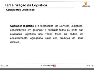 111 de 155Revisão 01  Gerisval Pessoa
Terceirização na Logística
Operadores Logísticos
Operador logístico é o fornecedor de Serviços Logísticos,
especializado em gerenciar e executar todas ou parte das
atividades logísticas nas várias fases da cadeia de
abastecimento, agregando valor aos produtos de seus
clientes.
 