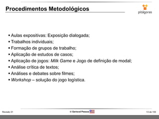 13 de 155Revisão 01  Gerisval Pessoa
Procedimentos Metodológicos
 Aulas expositivas: Exposição dialogada;
 Trabalhos individuais;
 Formação de grupos de trabalho;
 Aplicação de estudos de casos;
 Aplicação de jogos: Milk Game e Jogo de definição de modal;
 Análise crítica de textos;
 Análises e debates sobre filmes;
 Workshop – solução do jogo logística.
 