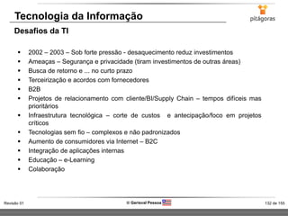 132 de 155Revisão 01  Gerisval Pessoa
Tecnologia da Informação
Desafios da TI
 2002 – 2003 – Sob forte pressão - desaquecimento reduz investimentos
 Ameaças – Segurança e privacidade (tiram investimentos de outras áreas)
 Busca de retorno e ... no curto prazo
 Terceirização e acordos com fornecedores
 B2B
 Projetos de relacionamento com cliente/BI/Supply Chain – tempos difíceis mas
prioritários
 Infraestrutura tecnológica – corte de custos e antecipação/foco em projetos
críticos
 Tecnologias sem fio – complexos e não padronizados
 Aumento de consumidores via Internet – B2C
 Integração de aplicações internas
 Educação – e-Learning
 Colaboração
 