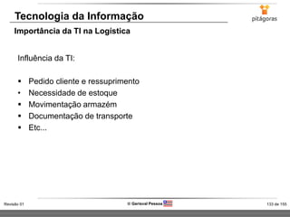 133 de 155Revisão 01  Gerisval Pessoa
Influência da TI:
 Pedido cliente e ressuprimento
• Necessidade de estoque
 Movimentação armazém
 Documentação de transporte
 Etc...
Tecnologia da Informação
Importância da TI na Logística
 