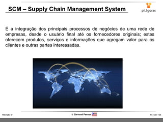 144 de 155Revisão 01  Gerisval Pessoa
É a integração dos principais processos de negócios de uma rede de
empresas, desde o usuário final até os fornecedores originais; estes
oferecem produtos, serviços e informações que agregam valor para os
clientes e outras partes interessadas.
SCM – Supply Chain Management System
 