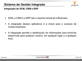 150 de 155Revisão 01  Gerisval Pessoa
Sistema de Gestão Integrada
Integração de SCM, CRM e ERP
 SCM, o CRM e o ERP são a espinha dorsal do e-Business.
 A integração desses aplicativos é a chave para o sucesso de
muitas empresas.
 A integração permite o desbloqueio de informações para torná-las
disponíveis para qualquer usuário, em qualquer lugar e a qualquer
hora.
 