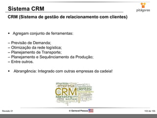 153 de 155Revisão 01  Gerisval Pessoa
Sistema CRM
CRM (Sistema de gestão de relacionamento com clientes)
 Agregam conjunto de ferramentas:
– Previsão de Demanda;
– Otimização da rede logística;
– Planejamento de Transporte;
– Planejamento e Sequênciamento da Produção;
– Entre outros.
 Abrangência: Integrado com outras empresas da cadeia!
 