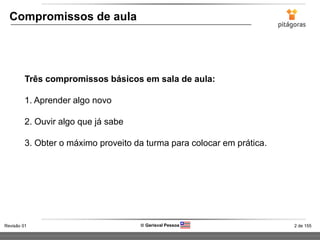 2 de 155Revisão 01  Gerisval Pessoa
Compromissos de aula
Três compromissos básicos em sala de aula:
1. Aprender algo novo
2. Ouvir algo que já sabe
3. Obter o máximo proveito da turma para colocar em prática.
 