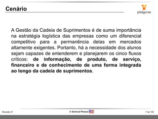7 de 155Revisão 01  Gerisval Pessoa
Cenário
A Gestão da Cadeia de Suprimentos é de suma importância
na estratégia logística das empresas como um diferencial
competitivo para a permanência delas em mercados
altamente exigentes. Portanto, há a necessidade dos alunos
sejam capazes de entenderem e planejarem os cinco fluxos
críticos: de informação, de produto, de serviço,
financeiro e de conhecimento de uma forma integrada
ao longo da cadeia de suprimentos.
 