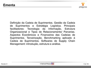 8 de 155Revisão 01  Gerisval Pessoa
Ementa
Definição da Cadeia de Suprimentos. Gestão da Cadeia
de Suprimentos e Estratégia Logística. Principais
facilitadores: Tecnologia da Informação, Estrutura
Organizacional e Tipos de Relacionamento/ Parcerias.
Aspectos Econômicos e Financeiros das Cadeias de
Suprimentos. Terceirização. Benchmarking aplicado à
Cadeia de Suprimentos. Softwares de Supply Chain
Management: introdução, estrutura e análise.
 