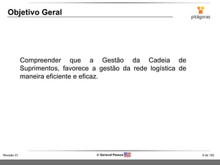 9 de 155Revisão 01  Gerisval Pessoa
Objetivo Geral
Compreender que a Gestão da Cadeia de
Suprimentos, favorece a gestão da rede logística de
maneira eficiente e eficaz.
 