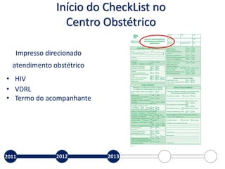 Início do CheckList no
Centro Obstétrico
Impresso direcionado
atendimento obstétrico
• HIV
• VDRL
• Termo do acompanhante
2011 2012 2013
 