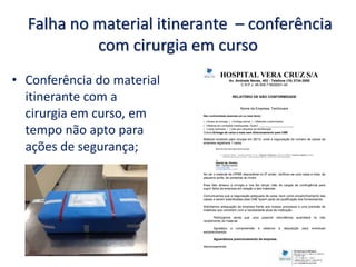 Falha no material itinerante – conferência
com cirurgia em curso
• Conferência do material
itinerante com a
cirurgia em curso, em
tempo não apto para
ações de segurança;
HOSPITAL VERA CRUZ S/A
Av. Andrade Neves, 402 - Telefone (19) 3734-3000
C.N.P.J. 46.009.718/00001-40
RELATÓRIO DE NÃO CONFORMIDADE
Nome da Empresa: Techincare
Não conformidade (assinale um ou mais itens):
( ) Atraso da entrega ( ) Entrega parcial ( ) Materiais contaminados
( ) Material em condições inadequadas. Quais? ________________________
( ) Caixa quebrada ( ) Vale sem etiquetas de identificação
Outros:Entrega de caixa a mais sem direcionamento para CME
Material recebido para cirurgia em 29/12, onde a negociação do número de caixas da
empresa registrava 1 caixa.
Ao ver o material de OPME descartável no 5º andar, verificou-se uma caixa a mais, de
pequeno porte, de ponteiras do motor.
Esse fato atrasou a cirurgia e nos fez lançar mão de cargas de contingência para
suprir falha da empresa em relação a tais materiais.
Comunicamos que a negociação adequada de caixa, bem como encaminhamento das
caixas a serem esterilizadas pela CME fazem parte da qualificação dos fornecedores.
Solicitamos adequação da empresa frente aos nossos processos e uma previsão de
materiais que condizem com a necessidade atual da instituição.
Reforçamos ainda que uma possível reincidência acarretará no não
recebimento do material.
Agradeço a compreensão e estamos à disposição para eventuais
esclarecimentos.
Aguardamos posicionamento da empresa.
Atenciosamente,
 