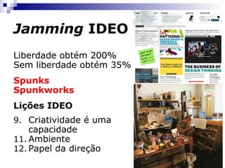 Jamming  IDEO Liberdade obtém 200% Sem liberdade obtém 35% Spunks Spunkworks Lições IDEO Criatividade é uma capacidade Ambiente Papel da direção 